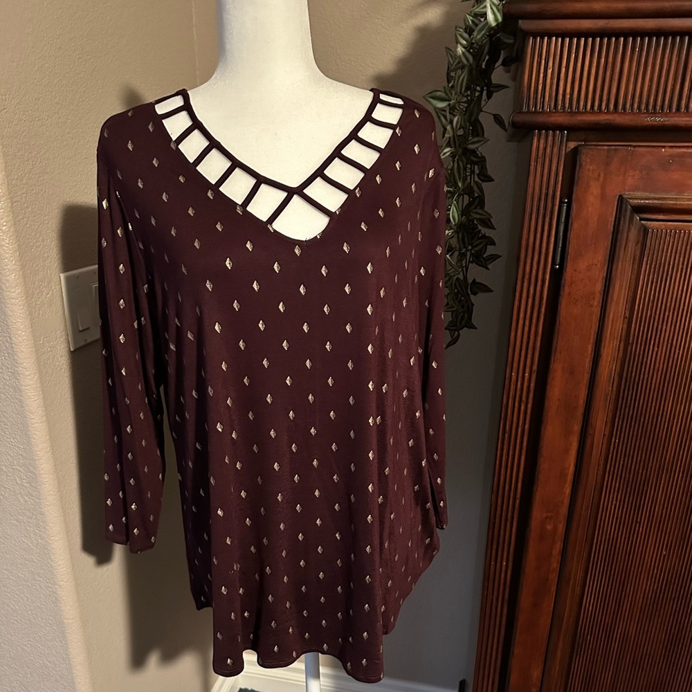 Maurice's 24/7 Women’s Top with unique "lattice" style neckline accent.